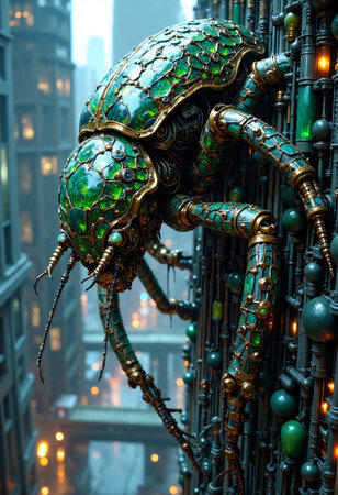 Intricate robotic insect made of green glass and brass, industrial pipe background, futuristic...