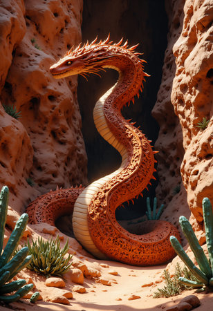 Orange dragon winding through rock formations, desert landscape, mythical creature, ancient.