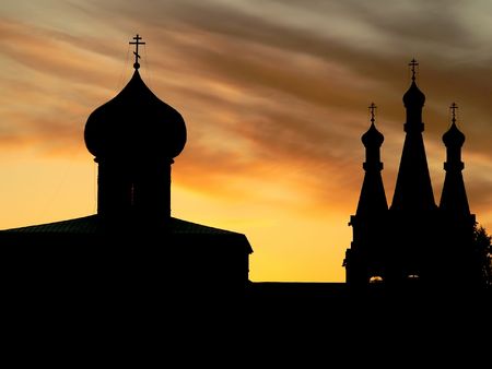Silhouette of orthodox church on sunrise, Russia.の写真素材