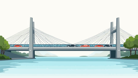 Vector illustration of a bridge over the river with a train on itのイラスト素材