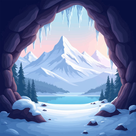 Winter landscape with snowy mountains, lake and ice cave. Vector illustrationのイラスト素材