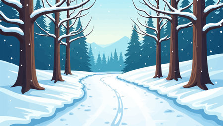 Winter road in the forest. Vector illustration of a winter landscape.のイラスト素材