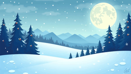 Winter landscape with fir trees, snow and full moon. Vector illustration.のイラスト素材