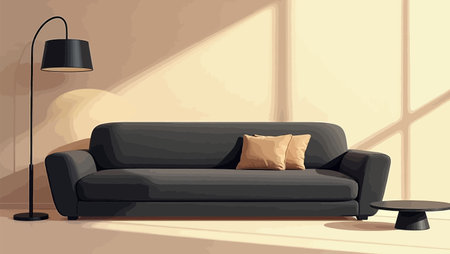 Illustration of a living room with a black sofa and a floor lampのイラスト素材