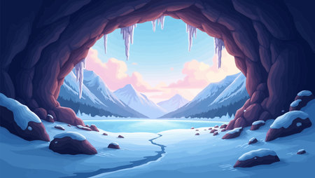 Winter landscape with ice cave and frozen lake. Vector cartoon illustration.のイラスト素材