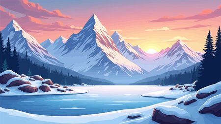 Beautiful winter landscape with mountains and river at sunset. Vector illustrationのイラスト素材