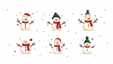 Snowman icon set. Cute cartoon snowman vector illustration.のイラスト素材