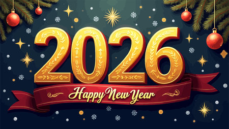 Happy New Year 2016 greeting card with golden numbers and ribbon. Vector illustrationのイラスト素材