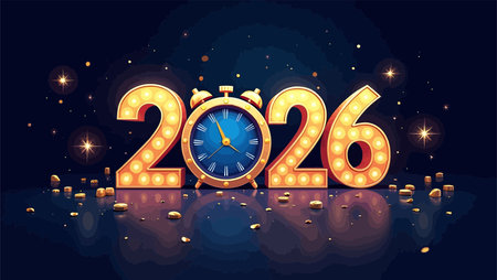 Happy New Year 2020. Vector illustration with clock and light bulbs.のイラスト素材