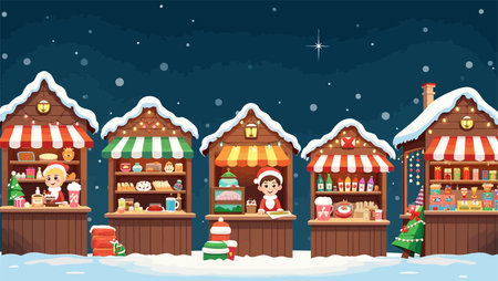 Christmas market in the snow. Vector illustration in a flat style.のイラスト素材