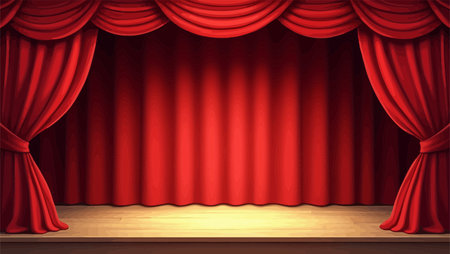 Red stage curtain with spotlights and wooden floor. Vector illustration.のイラスト素材