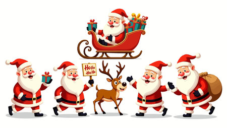 Santa Claus with gifts and reindeer on a white background.のイラスト素材