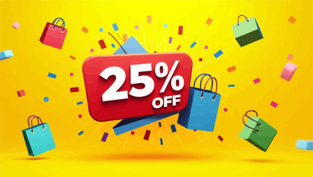 Discount 25% off banner with shopping bags. Vector illustration.のイラスト素材