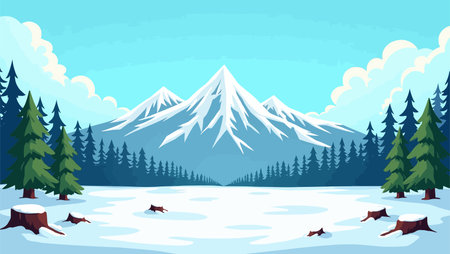 Winter landscape with snow-capped mountains and pine trees. Vector illustrationのイラスト素材