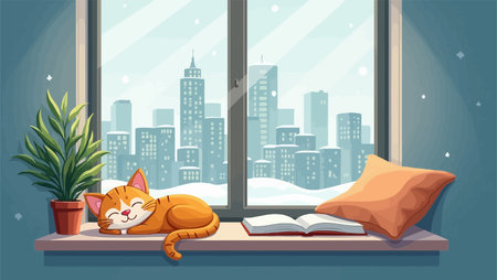 Cat sleeping on the windowsill with a book. Vector illustration.のイラスト素材