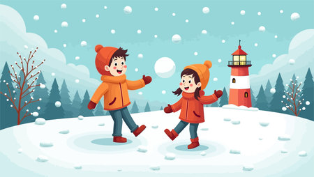 Cute boy and girl playing in the snow with a lighthouse. Vector illustrationのイラスト素材