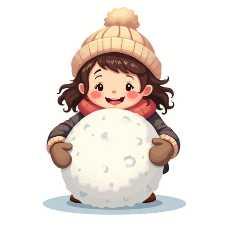 Vector illustration of Cute little girl in winter clothes holding snow ball.のイラスト素材