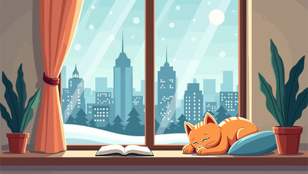 Cute cat sleeping on the windowsill and reading a book. Vector illustration.のイラスト素材