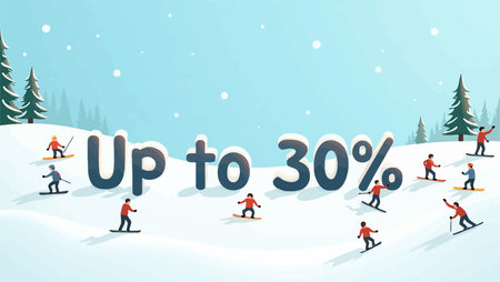 Winter sale banner with people skiing in mountains. Flat vector illustration.のイラスト素材