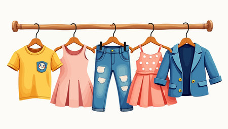 Children's clothes hanging on a wooden hanger. Vector illustration.
