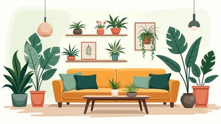 Interior of living room with sofa and plants. Flat vector illustration.のイラスト素材