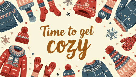 Winter greeting card with knitted mittens and gloves. Vector illustration.のイラスト素材