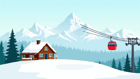 Winter landscape with ski lift and cabin. Vector illustration in flat styleのイラスト素材