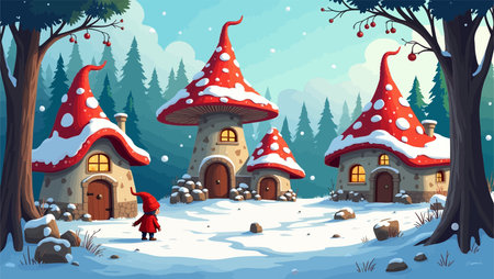 Fairytale winter landscape with magic house and gnomes. Vector illustrationのイラスト素材