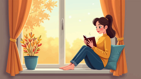 Girl reading a book sitting on the windowsill. Vector illustration.のイラスト素材