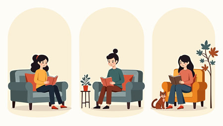 People sitting on sofa and reading books. Vector flat cartoon illustration.のイラスト素材