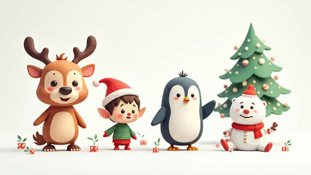 Christmas and New Year greeting card with Santa Claus, penguin, deer, penguin and snowmanのイラスト素材