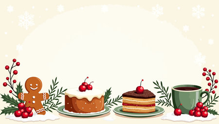 Christmas background with gingerbread cookies, cup of coffee and christmas decorationsのイラスト素材
