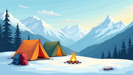 Camping in the mountains. Vector illustration of a flat design.のイラスト素材