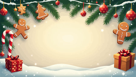 Christmas background with gingerbread cookies and gift boxes. Vector illustration.のイラスト素材