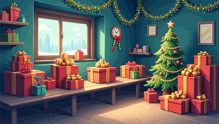 Christmas room with christmas tree and presents in cartoon style vector illustrationのイラスト素材