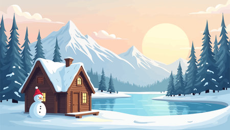 Winter landscape with snowman and wooden house. Vector cartoon illustration.のイラスト素材