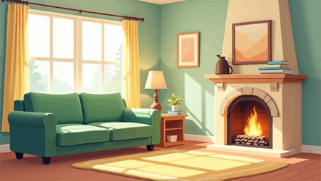 Living room interior with fireplace and green sofa. Vector illustration in cartoon styleのイラスト素材