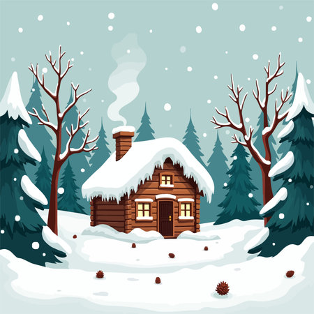 Winter landscape with a wooden house in the forest. Vector illustration.のイラスト素材