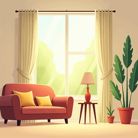Living room interior with sofa, window and plant. Vector illustration.のイラスト素材