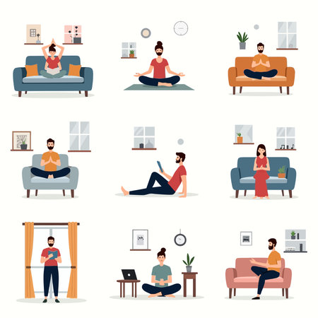 Set of people doing yoga in living room. Vector illustration in flat styleのイラスト素材
