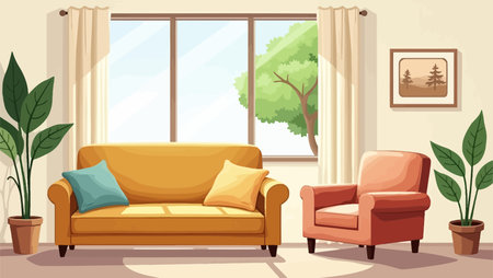Living room interior with sofa and armchair. Vector cartoon illustration.のイラスト素材
