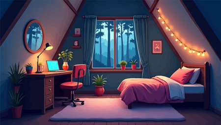 Interior of the bedroom with a large window, a bed with a pink blanket, a desk with a computer and a lamp. Vector illustration.のイラスト素材
