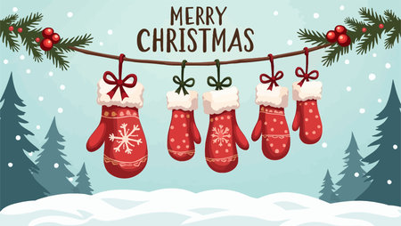 Merry Christmas greeting card with hanging christmas socks. Vector illustration.のイラスト素材