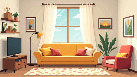 Living room interior with sofa and armchair. Vector illustration in cartoon styleのイラスト素材