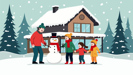 Family making snowman in front of their house. Vector illustration.のイラスト素材