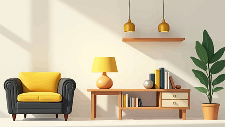 Living room interior with yellow armchair, bookshelf, books and lamp. Vector illustration.のイラスト素材