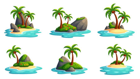 Island with palm trees and islands in cartoon style. Vector illustrationのイラスト素材