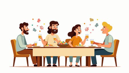 Happy family sitting at the table and having dinner. Flat vector illustration.のイラスト素材