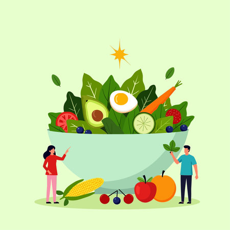 Healthy food concept. Vector illustration in flat cartoon style. Isolated on green background.のイラスト素材