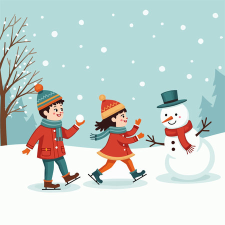 Children playing ice skating in the winter park. Vector cartoon illustration.のイラスト素材